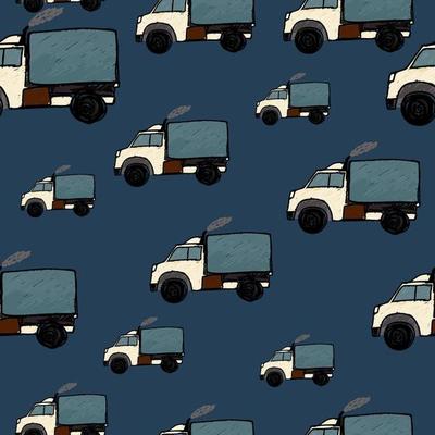 Cute truck car seamless pattern. Kids hand drawn automobile background. Transport wallpaper.