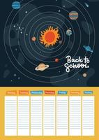 Horario escolar a4 con sistema solar. plantilla de planificador semanal del universo galaxy. calendario escolar y marcos de horarios con planetas y estrellas en el espacio ultraterrestre. ilustración dibujada a mano plana vectorial. vector