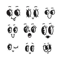 Set of Retro 30s cartoon mascot characters funny faces. 50s, 60s old animation eyes and mouths elements. Vintage comic smiles template. Caricatures with happy emotions. Hand drawn vector clipart.