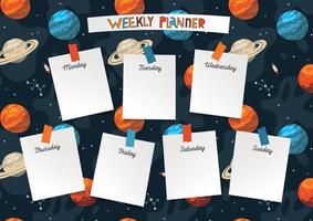 Weekly planner sheet template. School timetable with cute planets, space, starry sky. Curriculum, student weekly lesson schedule and preschool planner with space, planets and stars. Vector flat design