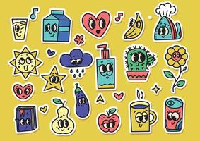 Big sticker pack of retro funny cartoon characters with big eyes. Vector illustration of comic heart, sun, fruits, iron, book, cloud, flower, abstract faces etc. Comic elements in trendy vintage style