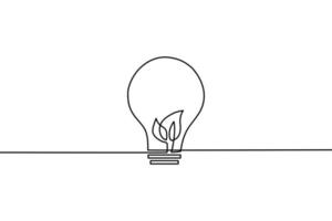 continuous line drawing of Light bulb with leaf on white background. vector