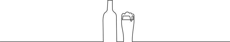 Continuous line drawing of Bottle and glasses of beer on white background. vector