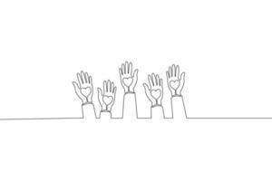 Continuous line drawing of Human hands volunteer with hearts on white background. vector