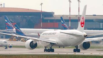 MOSCOW, RUSSIAN FEDERATION   JULY 30, 2021 - Boeing 787 Dreamliner Japan Airlines taxiing on the runway at Sheremetyevo Airport SVO. Tourism and travel concept. Dreamliner Japan Airlines video