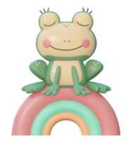 Green frog on a rainbow, cartoon character. 3D illustration. png