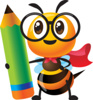 Back to school. Cartoon cute bee character holding a big red pencil png
