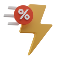 ícone de venda flash amarelo 3d com ícone de porcentagem e efeito rápido png