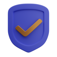 3d purple shield icon with checkmark in gold finish png