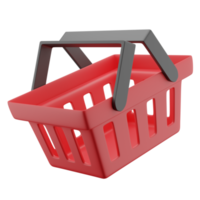 3D-Darstellung des roten Einkaufs- oder Lebensmittelkorbsymbols mit schwarzem Griff in schwebendem Winkel. png