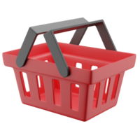 Ilustración 3d del icono rojo de la cesta de compras o comestibles con mango negro en ángulo flotante. png