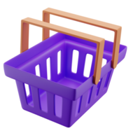 3D-Darstellung des lila Einkaufs- oder Lebensmittelkorbsymbols mit orangefarbenem Griff in schwebendem Winkel. png