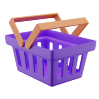 Ilustração 3D do ícone roxo da cesta de compras ou mantimentos com alça laranja em ângulo flutuante.