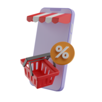3D purple mobile phone with empty red basket, orange discount badge, and awning.