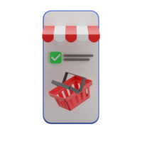 3D lila Handy mit leerem roten Korb, Checkliste und Markise. png