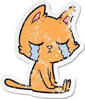 distressed sticker of a crying cartoon cat sitting vector