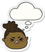 cartoon female face and thought bubble as a printed sticker vector