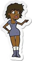 sticker of a cartoon worried woman in dress pointing vector
