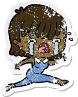 distressed sticker of a cartoon girl crying vector