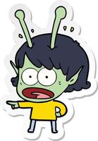 sticker of a cartoon shocked alien girl vector