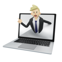 business concept.fast service.businessman är kom ut från laptop.3d rendering tecknad illustration. png