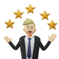Business concept.Half body of businessman with 5 stars above.3d rendering cartoon illustration. png