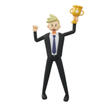 business concept.successful.full lengte van zakenman houdt een trophy.3d rendering cartoon afbeelding. png