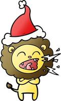 gradient cartoon of a roaring lion wearing santa hat vector