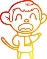 dibujo de línea de gradiente cálido mono de dibujos animados gritando con bufanda vector