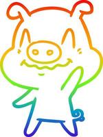 rainbow gradient line drawing nervous cartoon pig waving vector