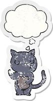 cute cartoon cat and thought bubble as a distressed worn sticker vector