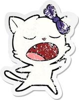 distressed sticker of a cartoon singing cat vector