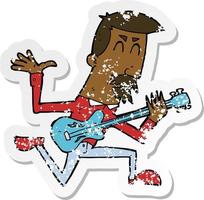 retro distressed sticker of a cartoon man playing electric guitar vector