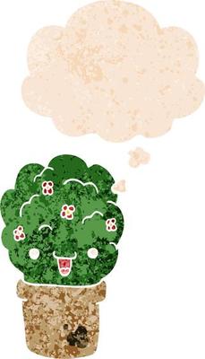 cartoon shrub in pot and thought bubble in retro textured style