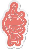 friendly cartoon  sticker of a spaceman wearing santa hat vector