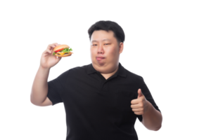 jovem asiático gordo engraçado com hambúrguer, arquivo png