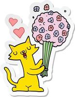 sticker of a cartoon cat in love with flowers vector
