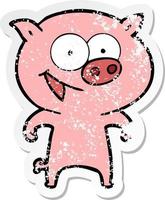 distressed sticker of a cheerful pig cartoon vector