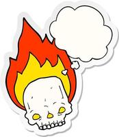 spooky cartoon flaming skull and thought bubble as a printed sticker vector