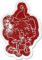 cartoon distressed sticker of a panting dog wearing santa hat vector