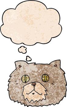 caricatura, gato, cara, y, pensamiento, burbuja, en, grunge, textura, patrón, estilo vector