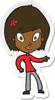 sticker of a cartoon pretty woman pointing vector