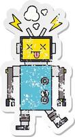 distressed sticker of a cute cartoon robot malfunction vector