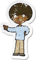 retro distressed sticker of a cartoon pointing boy vector