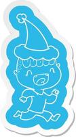 pegatina de dibujos animados de un niño feliz riendo y huyendo con sombrero de santa vector