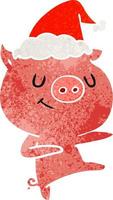 happy retro cartoon of a pig dancing wearing santa hat vector