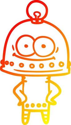 warm gradient line drawing happy carton robot with light bulb