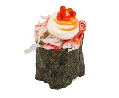 sushi kani with sauced slices of crab shrimp isolated on white background photo