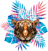 cabeça de tigre de baixo polígono e folha tropical colorida. png