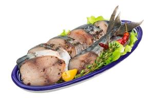 Mackerel fish, sliced on a plate with lettuce photo